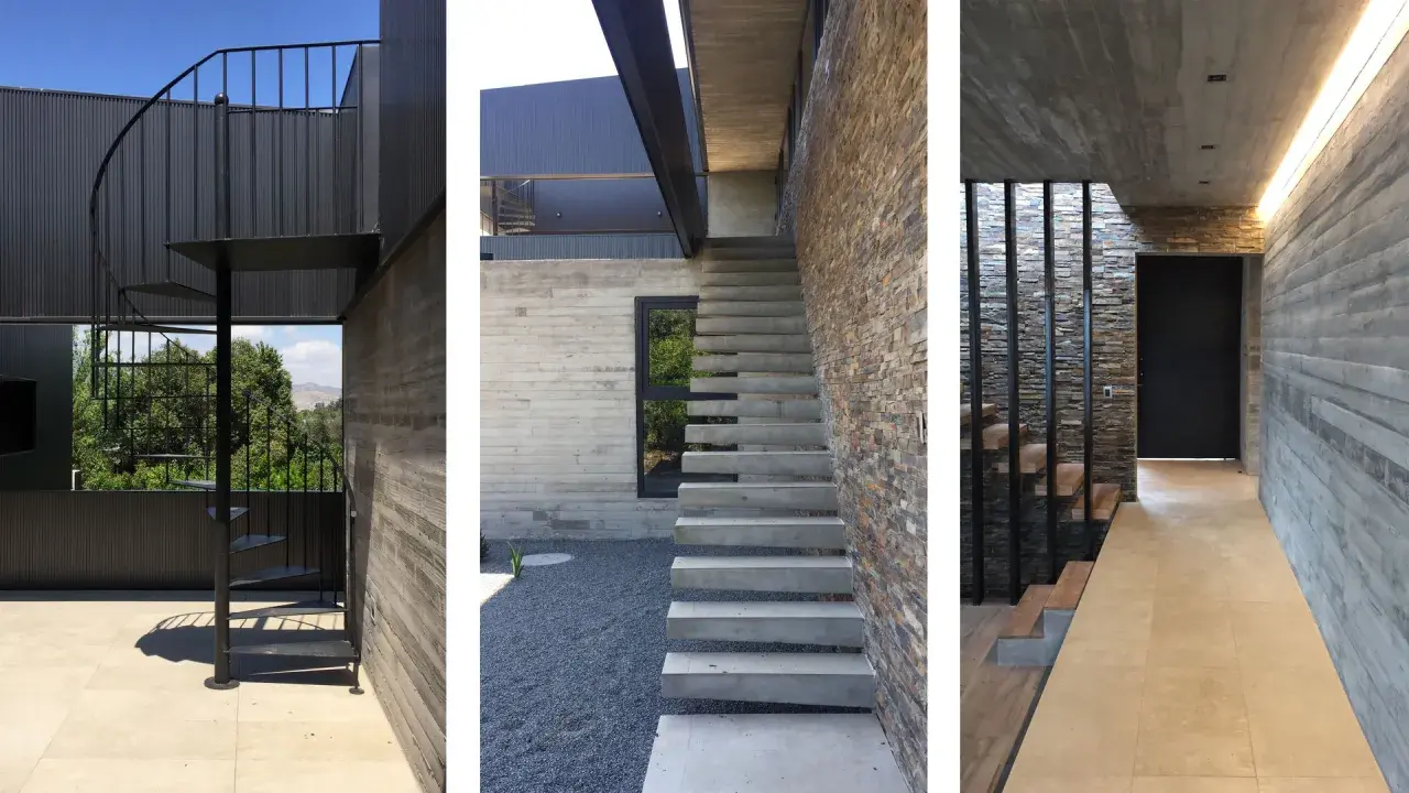 Scale esterne bellissime in metallo nero e cemento, con un design moderno che si integra perfettamente con la pietra naturale e il legno.