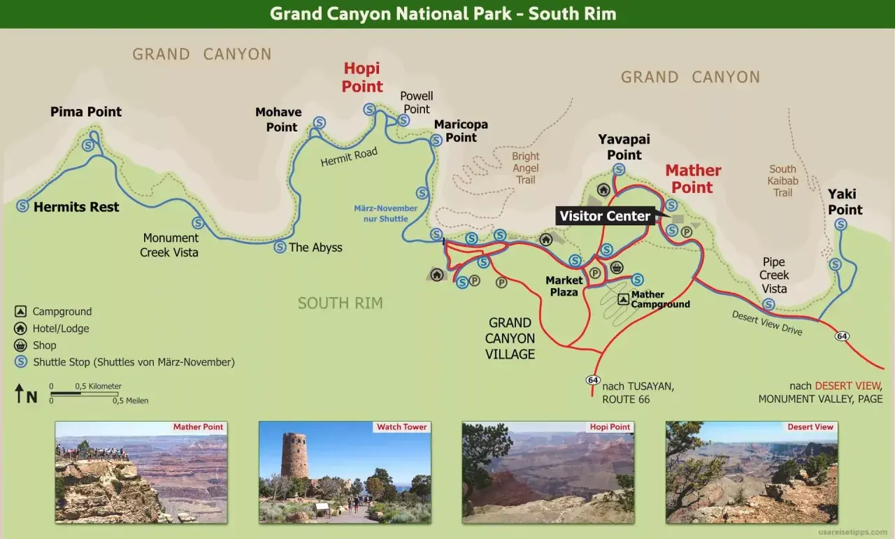 Karte des Grand Canyon South Rim mit Aussichtspunkten wie Mather Point, Hopi Point & Hermits Rest. Hier finden Sie Grand Canyon Tipps für Ihre Reise.