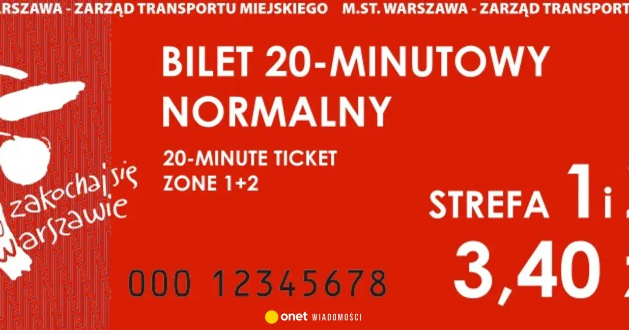 Bilet 20 minutowy normalny na strefę 1+2 w Warszawie. Cena 3,40 zł.