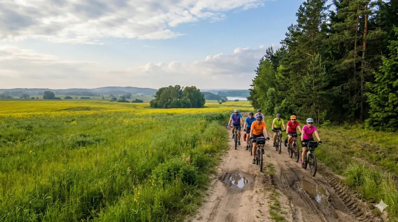Grupa rowerzystów przemierza malownicze **olsztyńskie trasy rowerowe** wśród pól rzepaku i lasów.