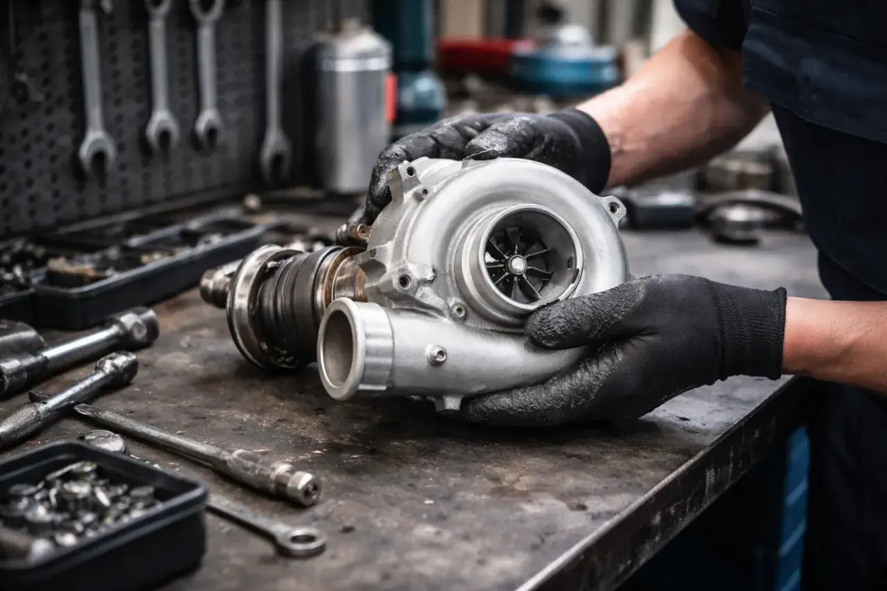 Mains gantées tenant un turbo diesel, pièce essentielle pour la durée de vie d'un moteur. Outils de mécanique en arrière-plan.