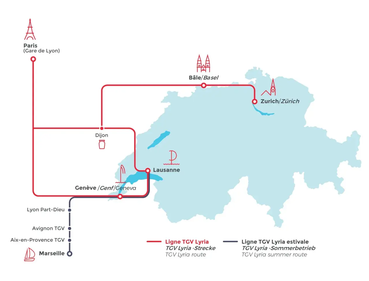 Karte zeigt TGV Lyria routes von Paris über Dijon und Genf nach Lausanne und Zürich, sowie südliche TGV Lyria routes nach Marseille.