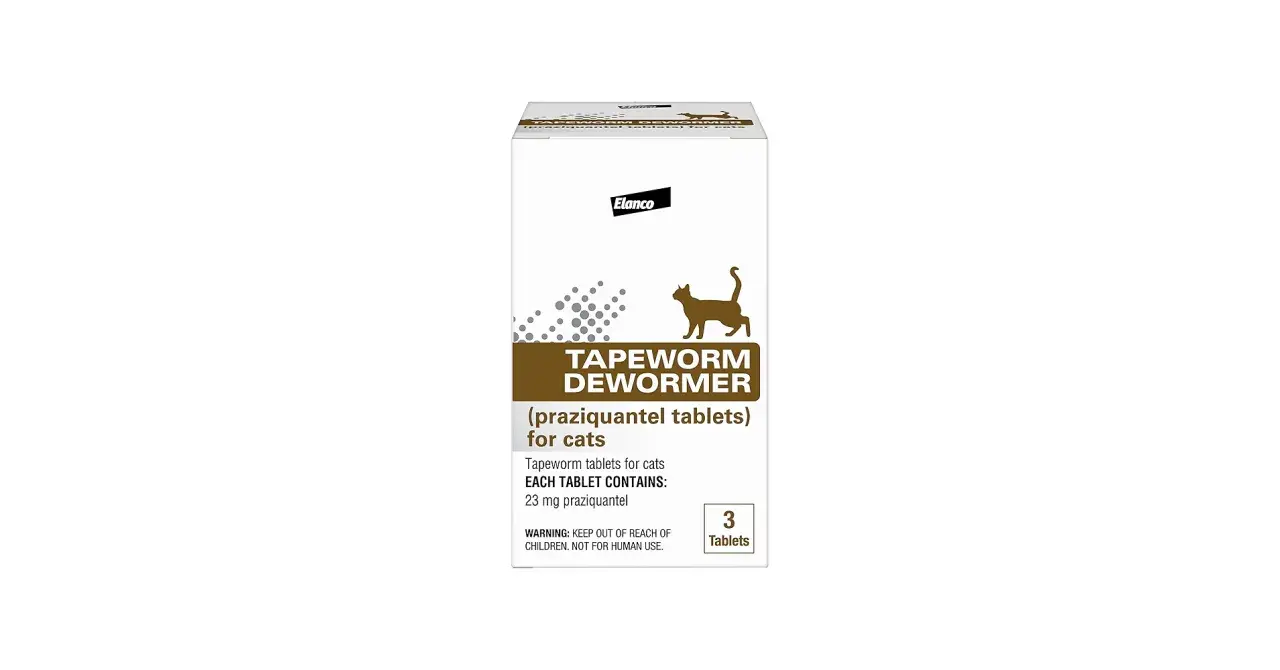 Box of Elanco Tapeworm Dewormer (praziquantel tablets) for cats, containing 3 tablets, each with 23 mg praziquantel.