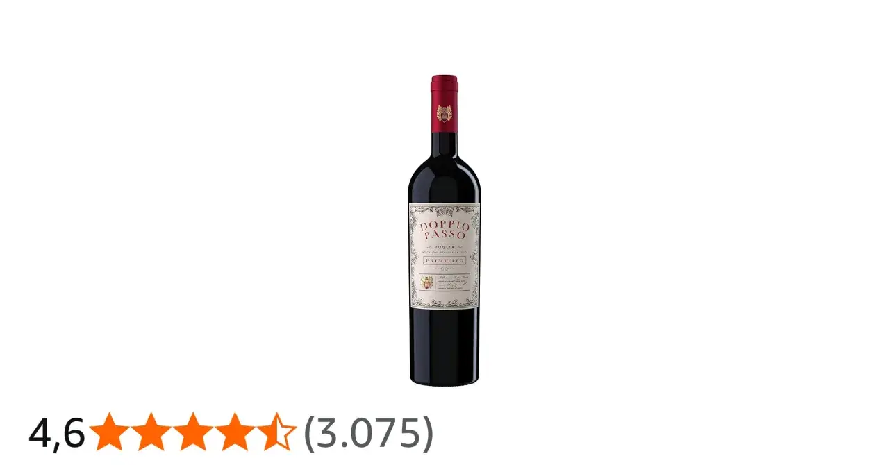 Flasche Doppio Passo Primitivo, trocken oder halbtrocken, mit rotem Kapsel und detailreichem Etikett.
