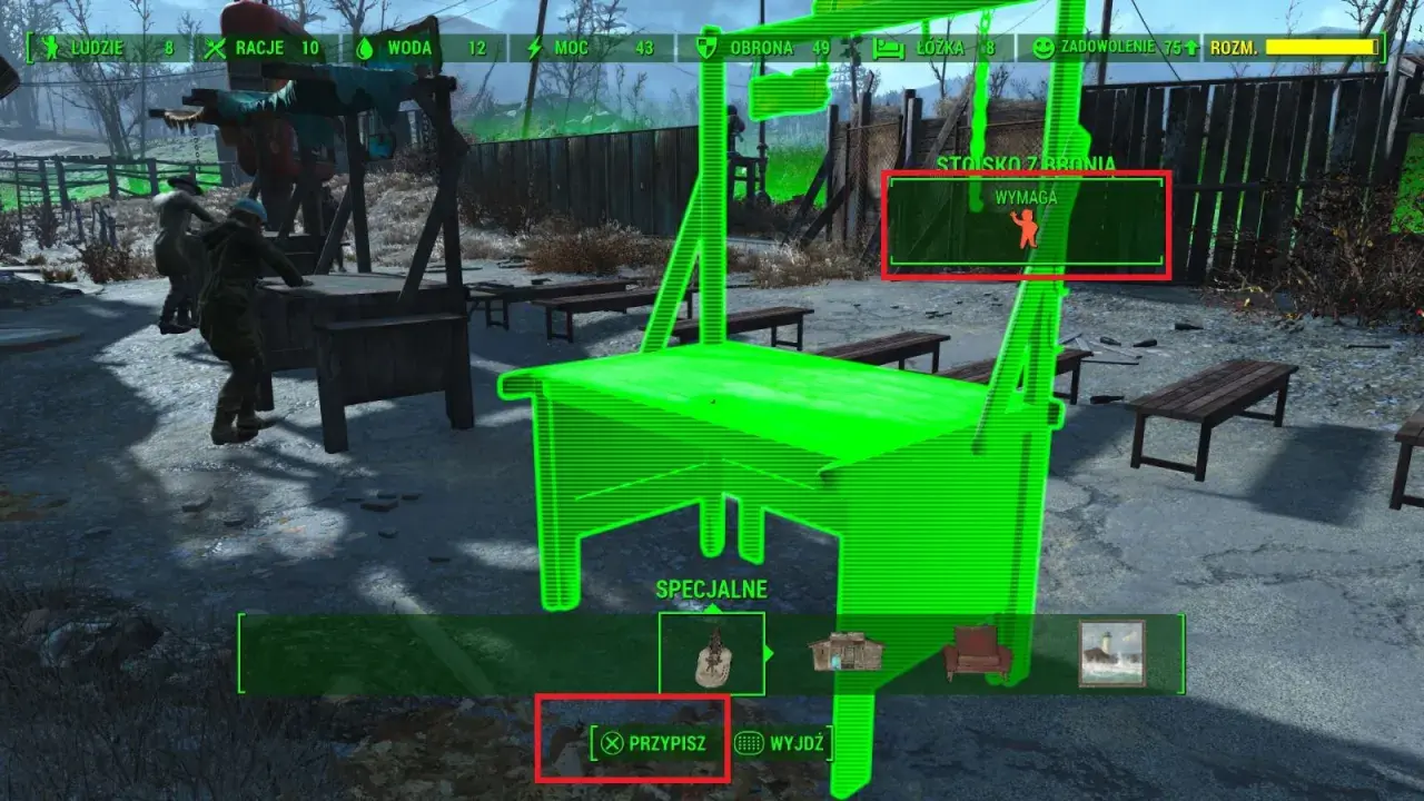 Budowanie osad w Fallout 4: tworzenie stanowiska z bronią, które wymaga zasobów.