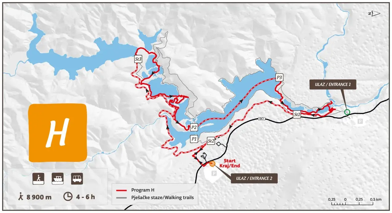 Mapa Jezior Plitwickich z zaznaczonymi trasami spacerowymi. Program H o długości 8,9 km zajmuje 4-6 godzin.