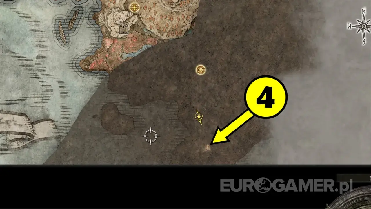 Mapa Elden Ring z zaznaczonym punktem 4. Strzałka wskazuje małą, samotną budowlę na mglistym terenie.