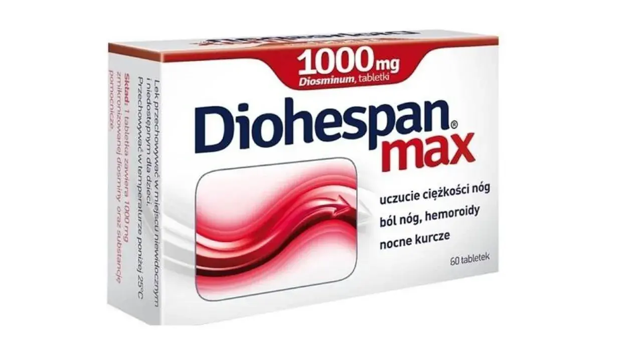 Opakowanie leku Diohespan max z diosminą 1000 mg. Czy diosmina jest lekiem przeciwzakrzepowym? Lek stosowany na ciężkość nóg, ból nóg i hemoroidy.