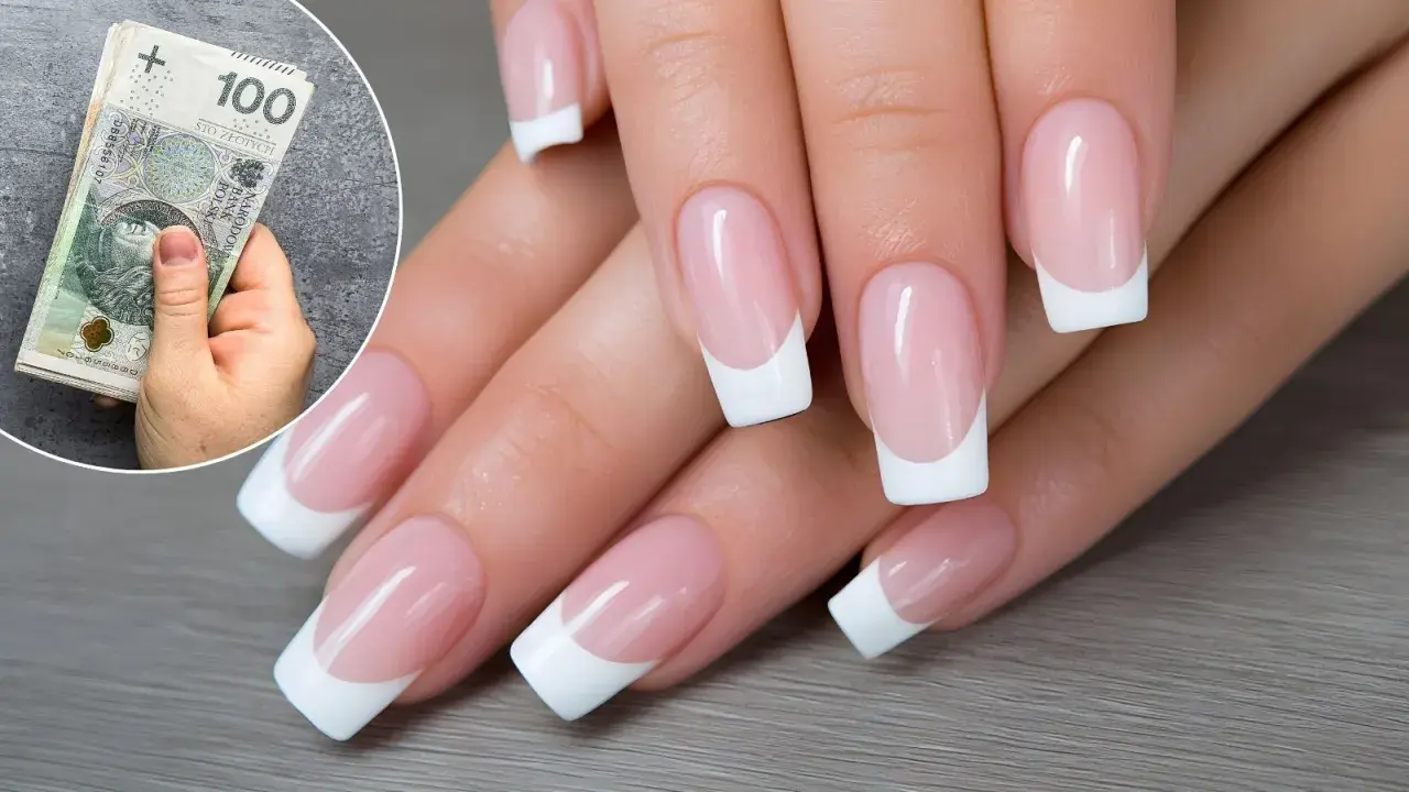 Dłonie z perfekcyjnym french manicure i stos banknotów 100 zł. Ile zarabia stylistka paznokci?