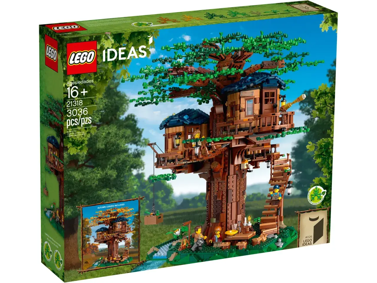 LEGO Baumhaus Anleitung: Das LEGO Ideas Set 21318 zeigt ein detailreiches Baumhaus mit vielen grünen Blättern und gemütlichen Hütten.