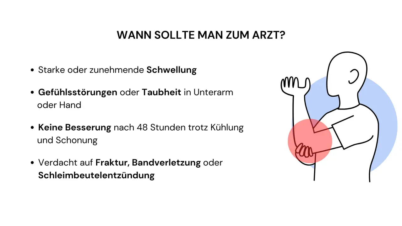 Wann zum Arzt? Bei starker Schwellung, Taubheit, keiner Besserung nach 48h oder Verdacht auf Fraktur. Die **Prellung Dauer** kann variieren.