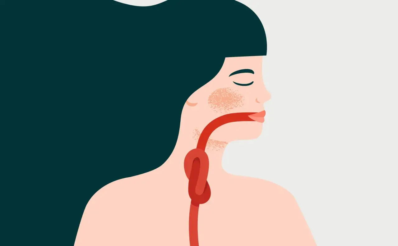 Illustration d'une personne avec un nœud dans la gorge, symbolisant la difficulté à avaler sa salive.