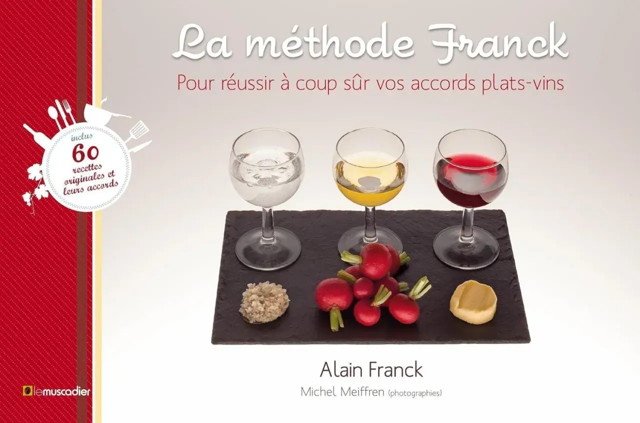La méthode Franck : 60 recettes originales pour réussir vos accords mets et vins. Trois verres de vin, radis et une bouchée sur fond sombre.