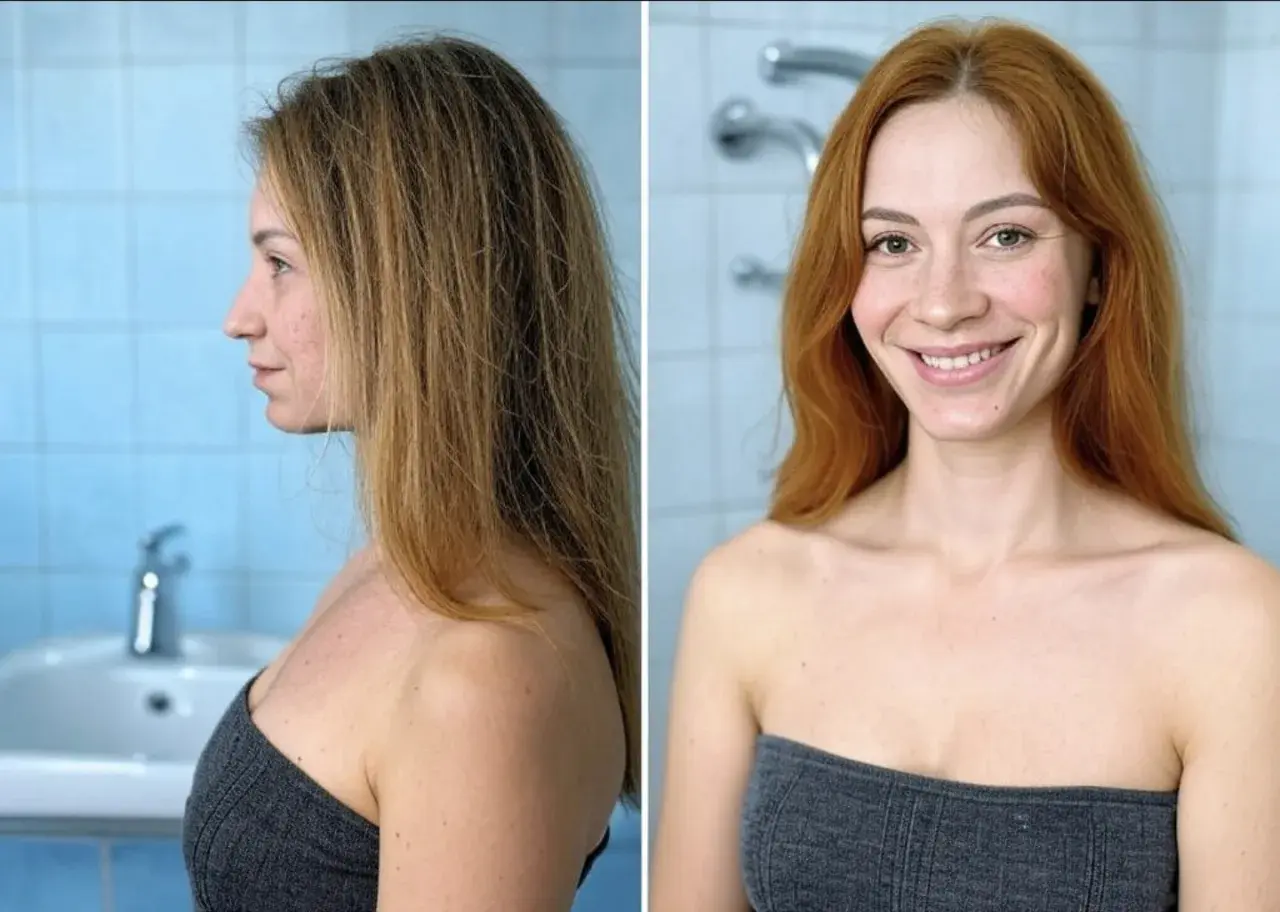 Dwie fotografie tej samej kobiety. Po lewej profil z matowymi włosami i skórą, po prawej uśmiechnięta twarz z lśniącymi włosami i promienną cerą, jak po kąpieli w zmiękczonej wodzie.