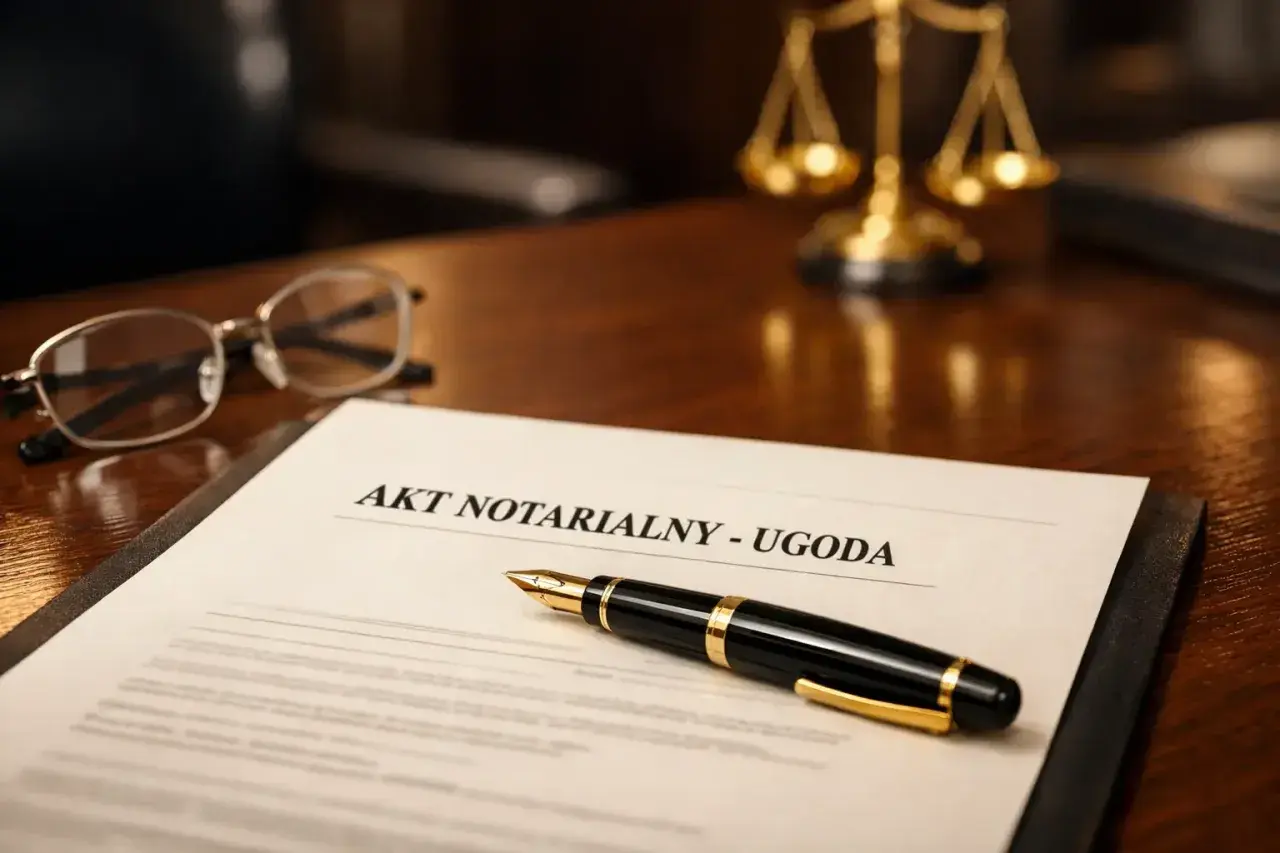 Akt notarialny - ugoda. Na biurku notariusza leży dokument, pióro i okulary. W tle waga sprawiedliwości.