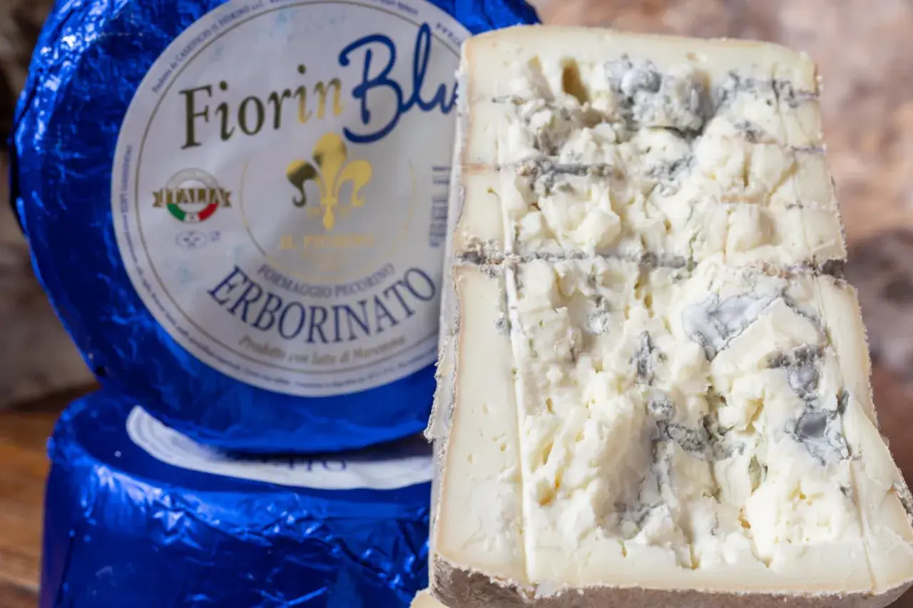 Fiorin Blu, un formaggio con muffa nome Erborinato, mostra venature blu e verdi su una pasta bianca e friabile.