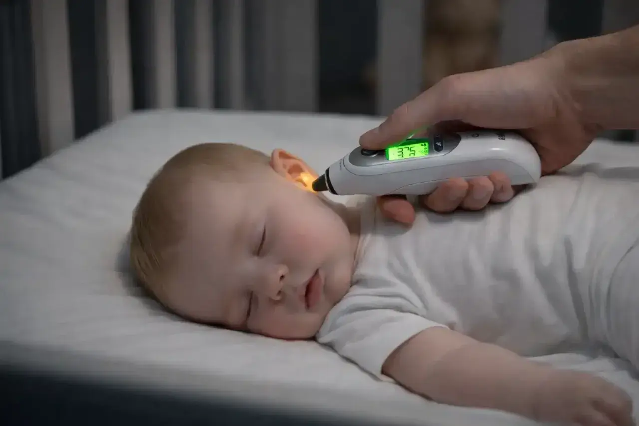 En hand mäter temperaturen på en sovande bebis med en febertermometer baby.