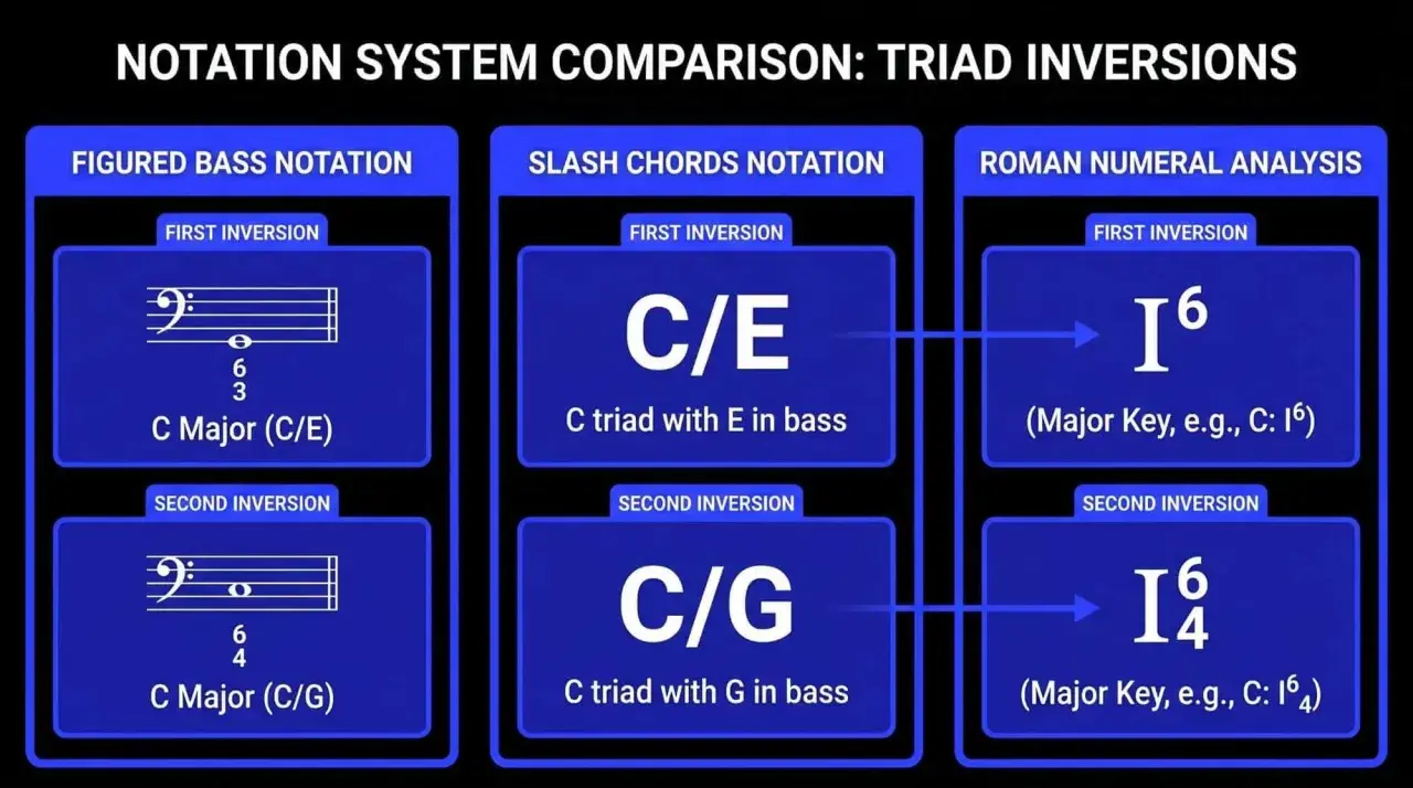 Comparaison des notations musicales pour les renversements de triades : basse chiffrée, accords avec slash, et analyse en chiffres romains. Un accord parfait.