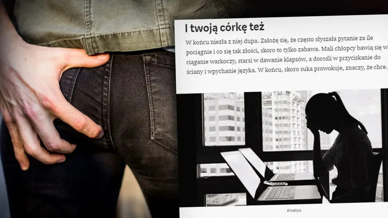 Dłoń na jeansach, tekst o prowokacji i #metoo. To obraz, który porusza temat molestowania.
