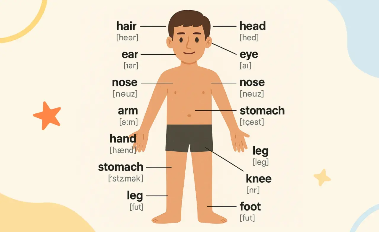 Chłopiec z etykietami części ciała po angielsku: hair, ear, nose, arm, hand, stomach, leg, head, eye, leg, knee, foot. Nauka części mowy po angielsku.