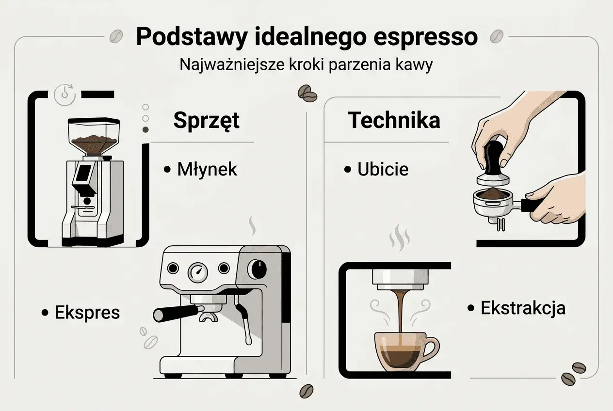 Podstawy idealnego espresso: młynek, ekspres, ubicie i ekstrakcja. Zobacz, jak zaparzyć pyszne espresso lungo.