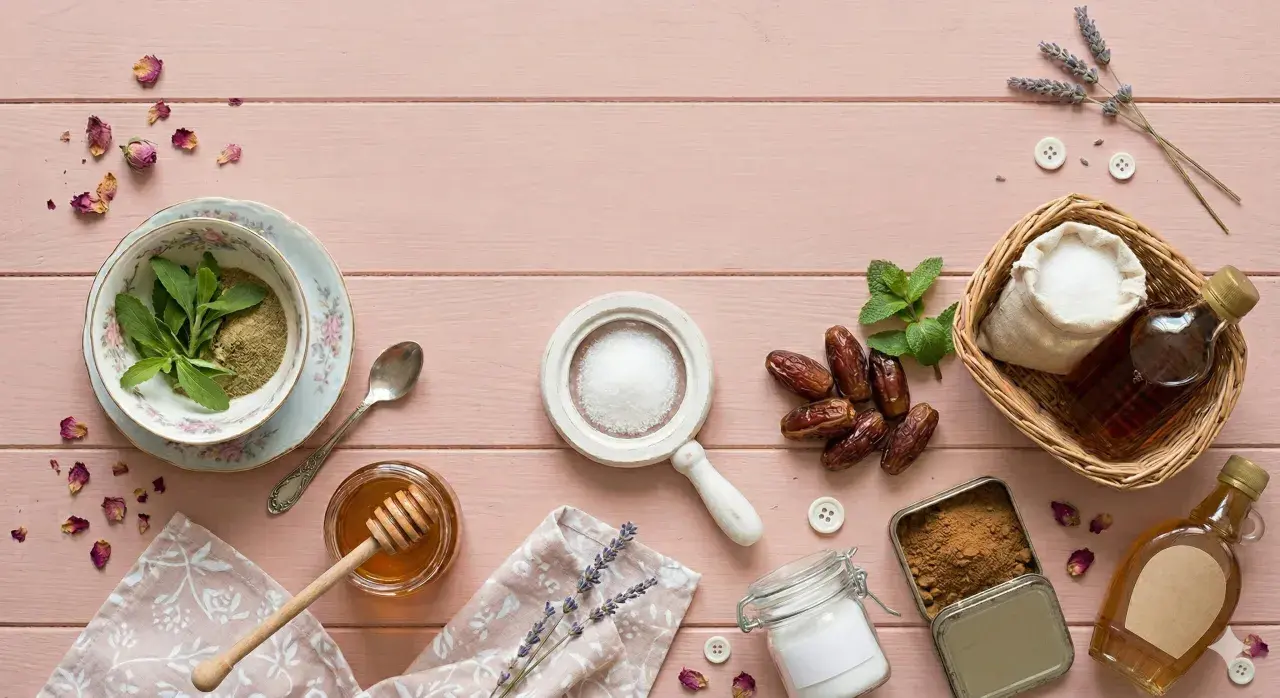 Stevia, miód, daktyle, cukier i syrop klonowy – co jest zdrowsze od cukru? Kompozycja na różowym tle.