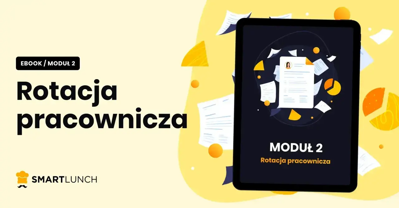 Ebook o rotacji pracowniczej. Grafika przedstawia tablet z dokumentami i wykresami, symbolizującymi fluktuację.
