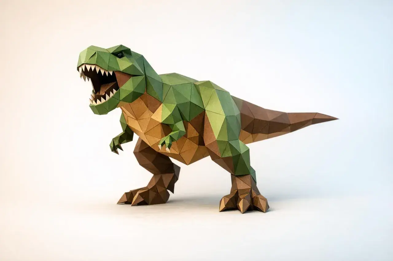 Un T-Rex ruggente, uno dei tanti dinosauri da costruire con la carta, mostra la sua ferocia con la bocca spalancata.