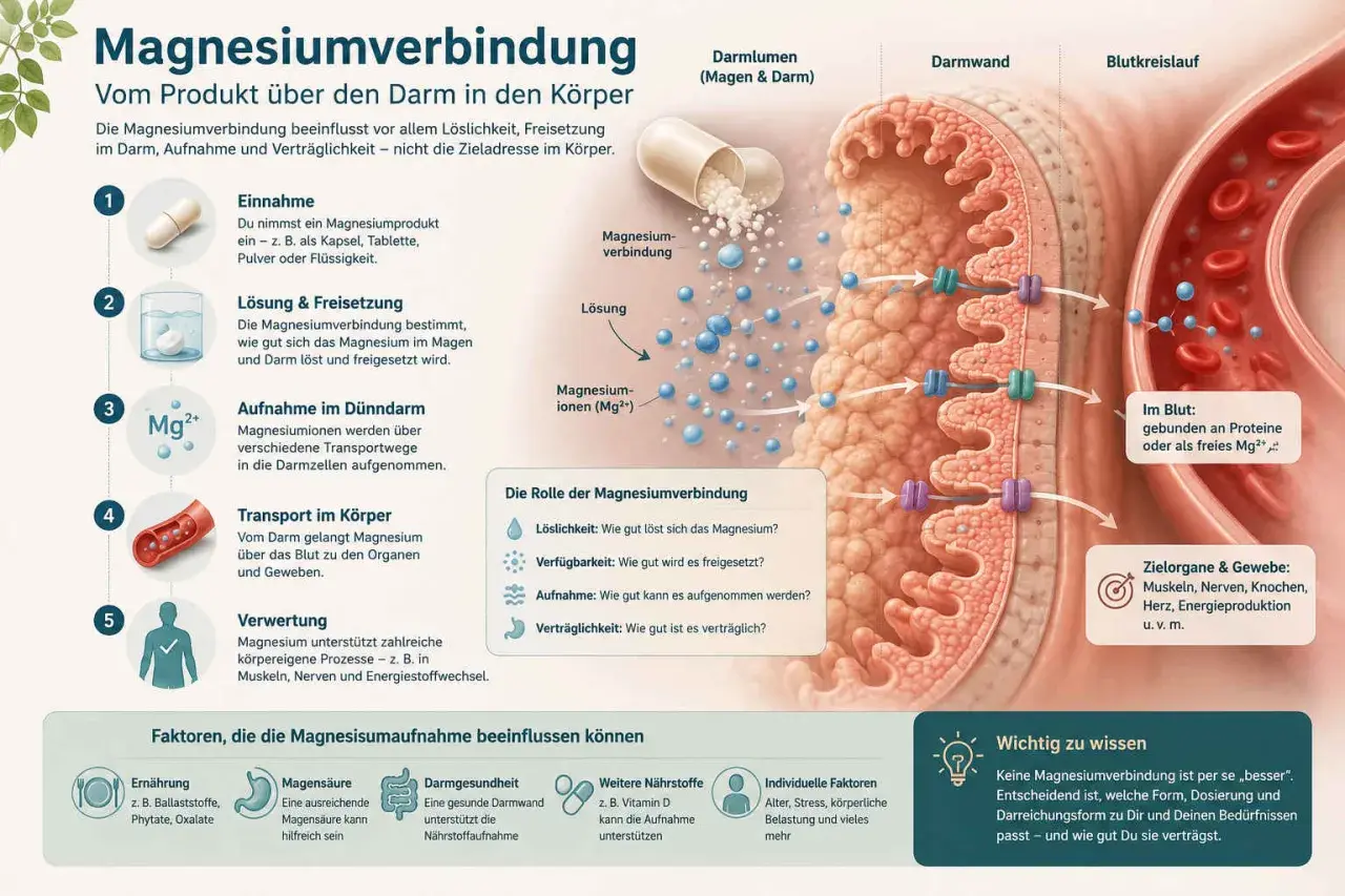 Magnesium und Vitamin D zusammen einnehmen kann die Aufnahme verbessern. Die Grafik zeigt, wie Magnesium vom Darm in den Körper gelangt.