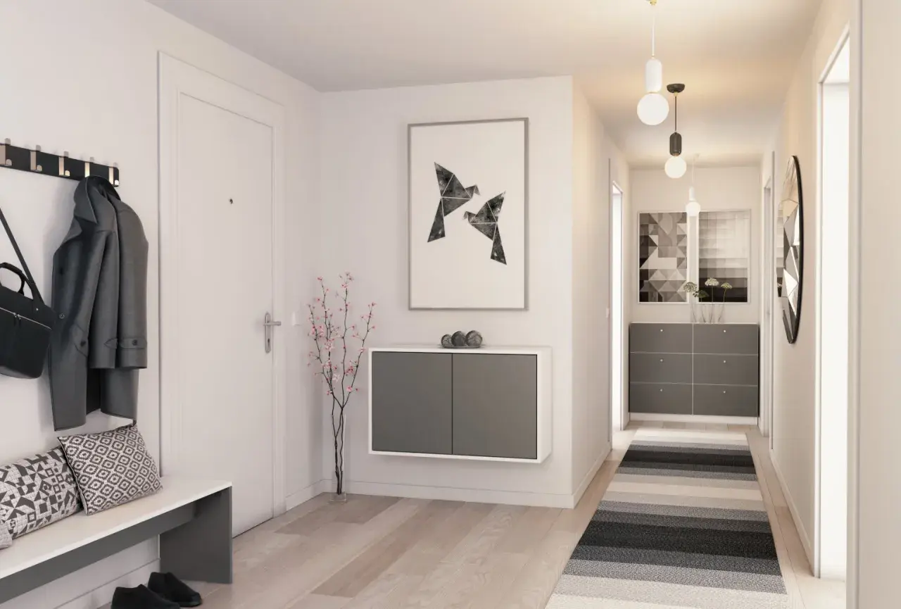 Moderne Garderobe Ideen: Hängende Kommode, Sitzbank, Mantel und Tasche an der Wand, Kunst und ein schmaler Teppich.