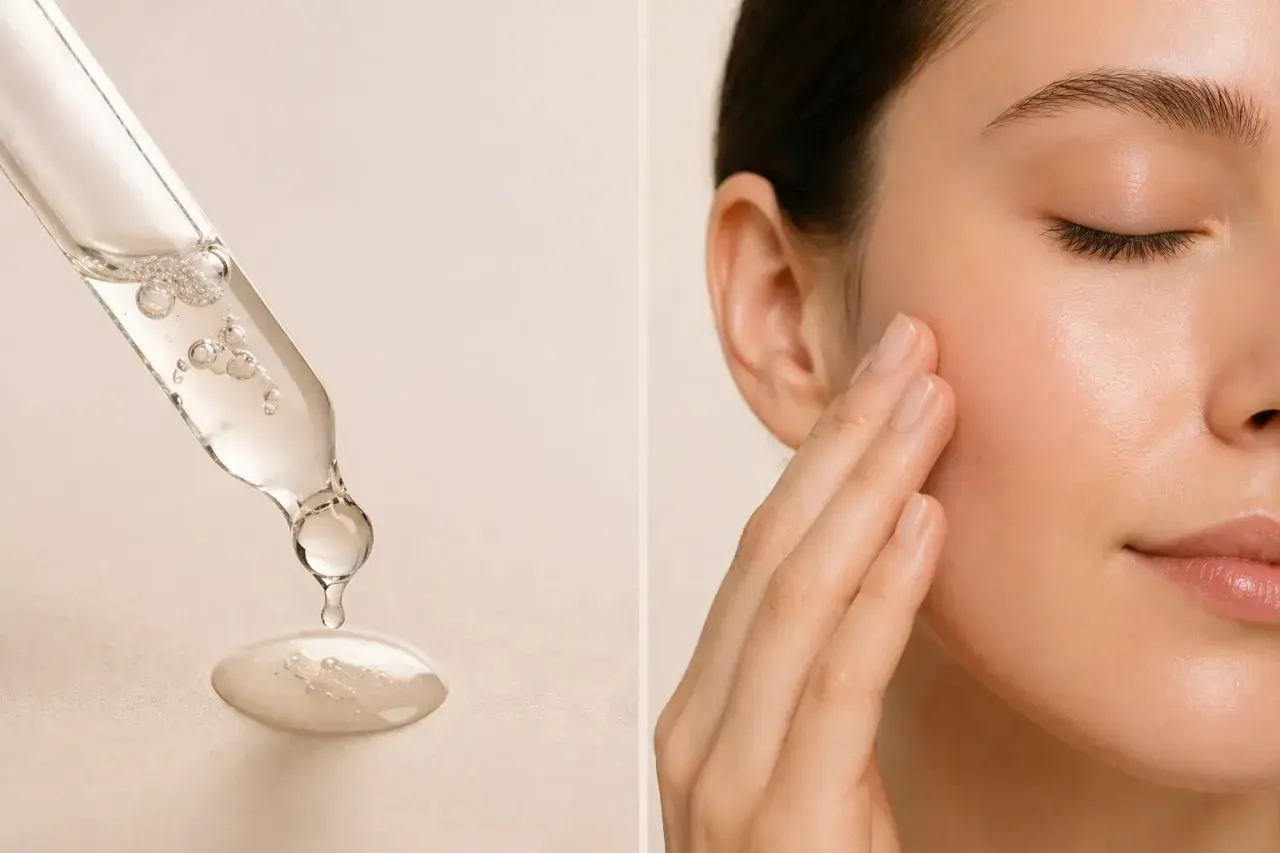 Goutte de sérum sur une pipette et femme appliquant un soin sur sa joue.