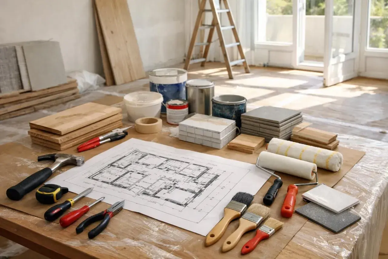 Plans, outils, peinture et matériaux pour un projet de rénovation.