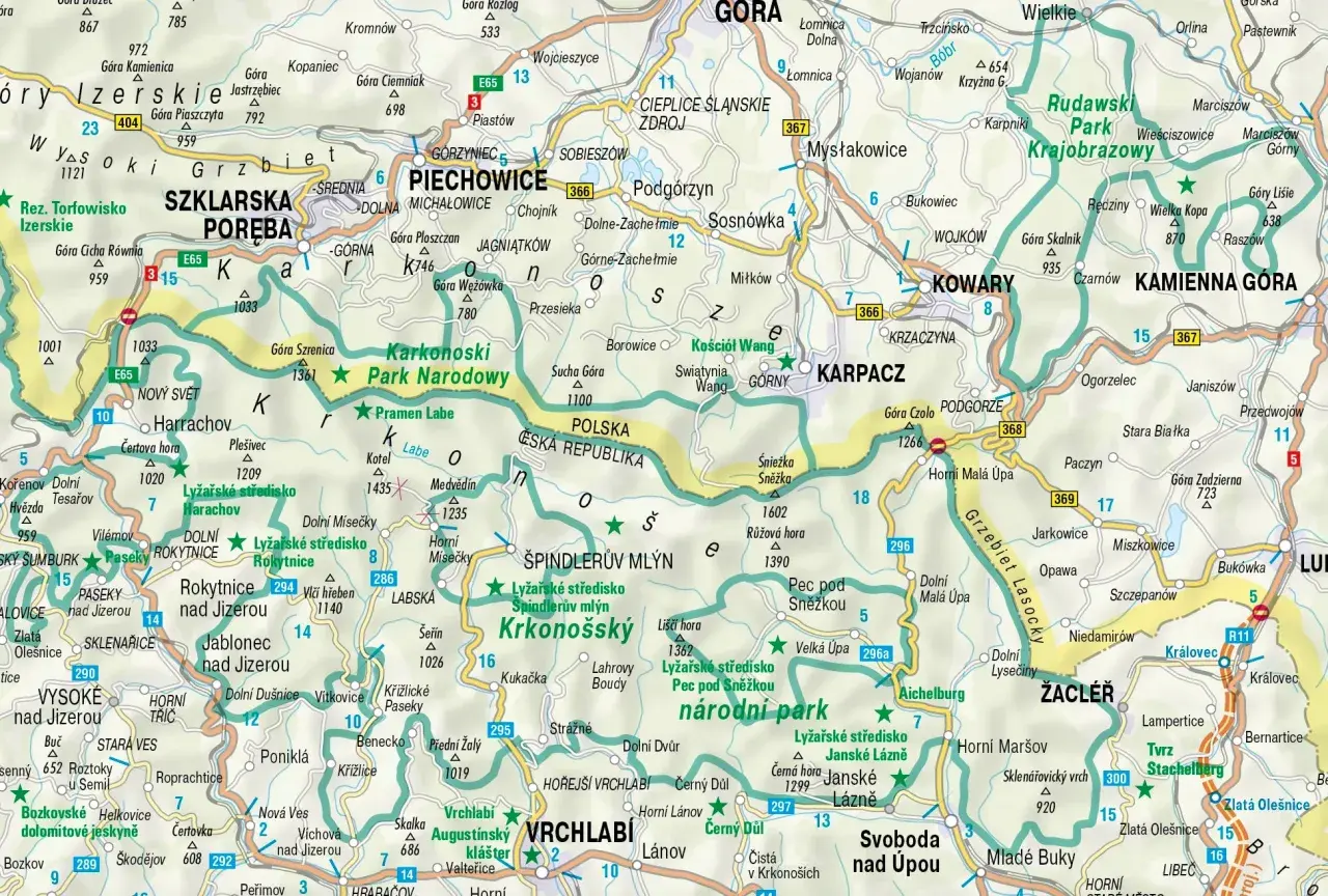 Eine detaillierte **Riesengebirge Karte** mit vielen Ortschaften, Nationalparks und Skigebieten.