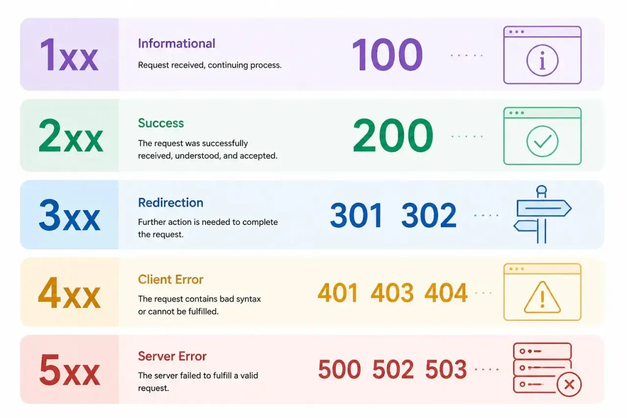 Tableau des codes de statut HTTP : 1xx informatif, 2xx succès, 3xx redirection, 4xx erreur client, 5xx erreur serveur.