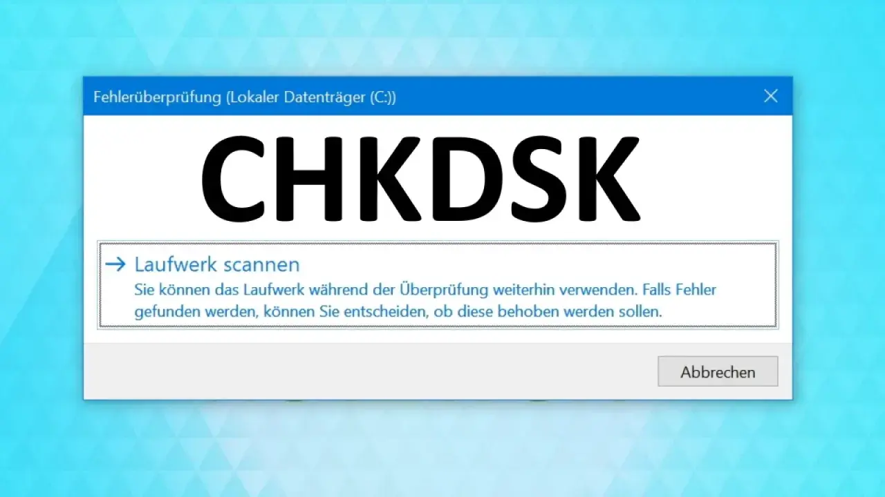 Fehlerüberprüfung des Laufwerks C: mit CHKDSK. Das Fenster zeigt an, dass das Laufwerk gescannt wird und Fehler behoben werden können.