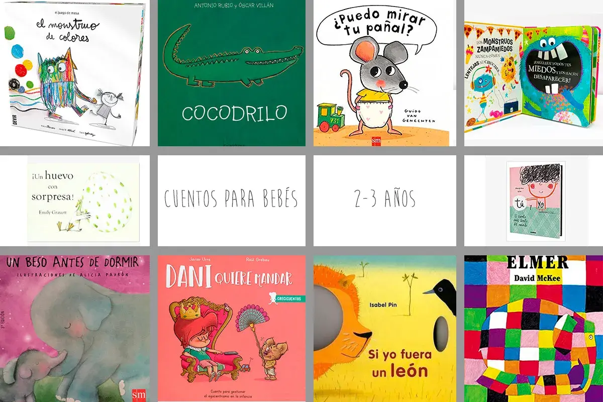 Colección de **cuentos para niños de 2 años** y bebés, con ilustraciones coloridas de monstruos, animales y niños.