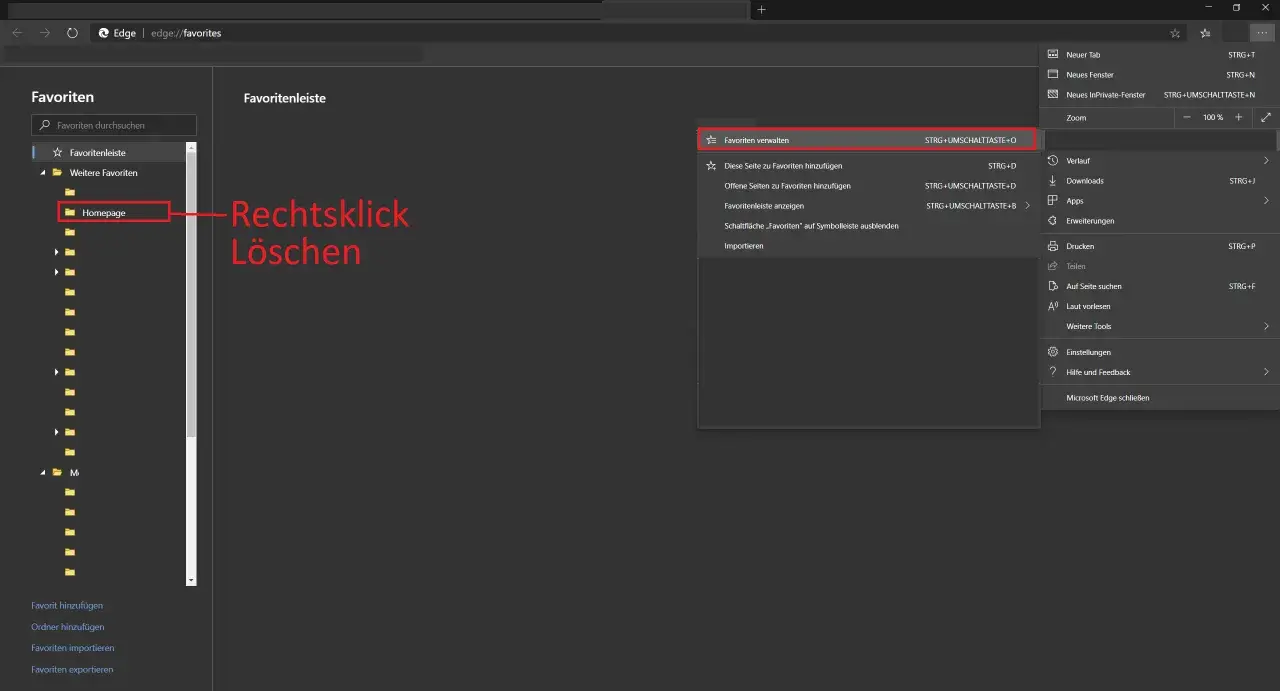 Microsoft Edge: Favoritenleiste mit Ordnern und Kontextmenü zum Löschen.