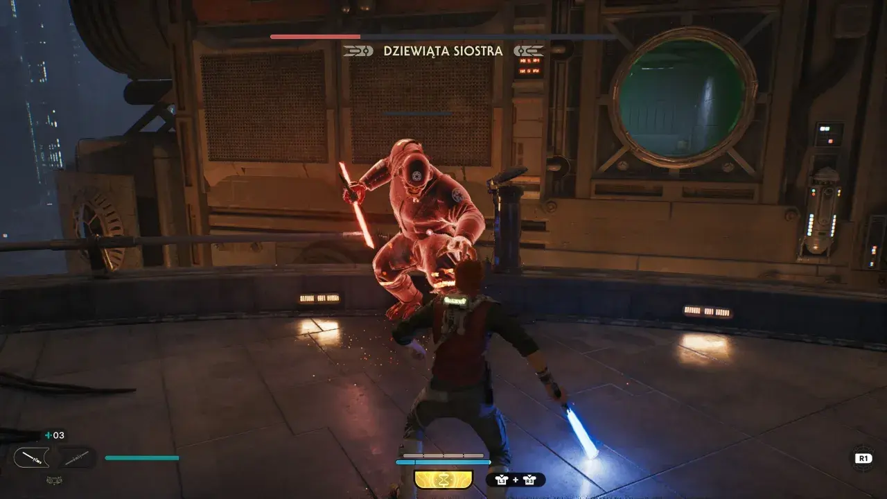 Jedi Survivor: Cal Kestis walczy z Dziewiątą Siostrą, używając niebieskiego miecza świetlnego.