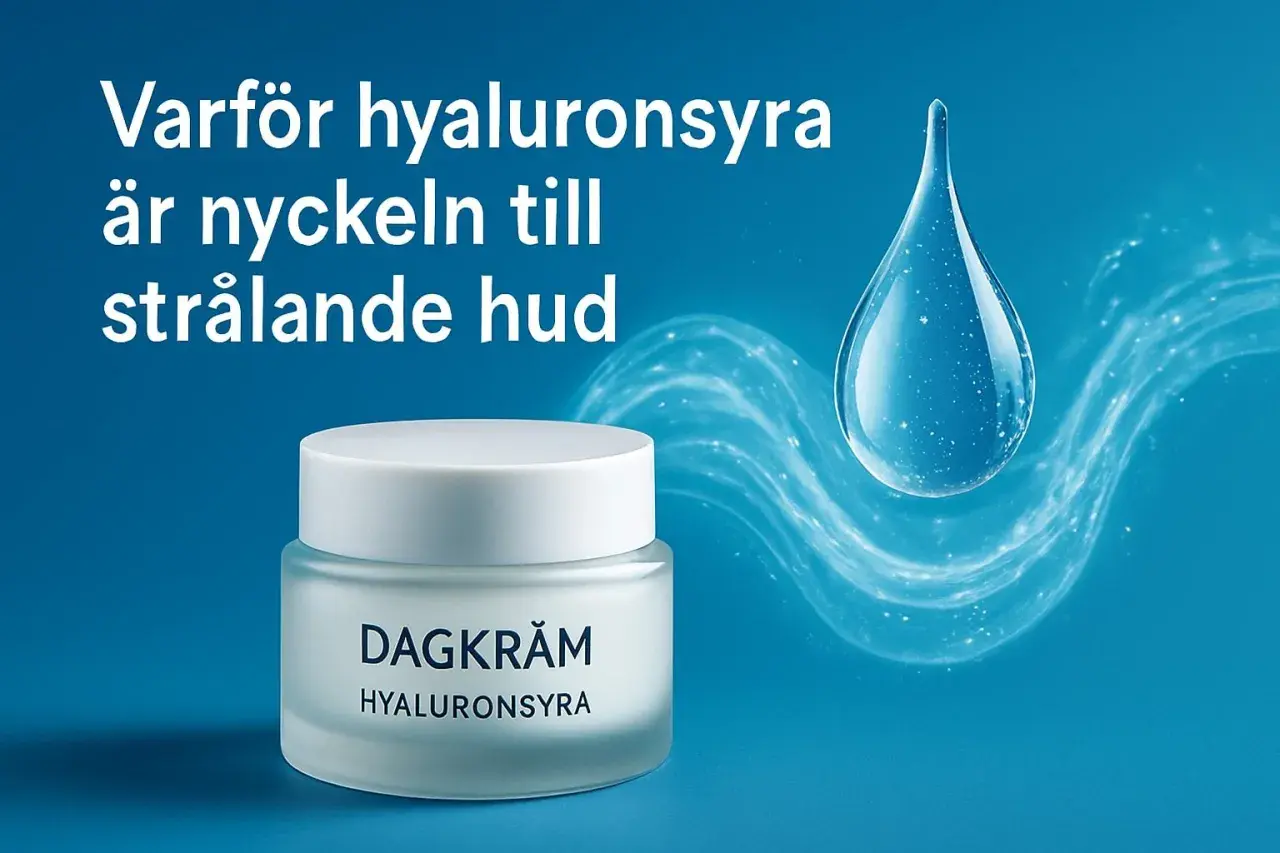En burk dagkräm med texten "Hyaluronssyra" bredvid en stor vattendroppe. Texten "Varför hyaluronsyra är nyckeln till strålande hud" syns i bakgrunden.