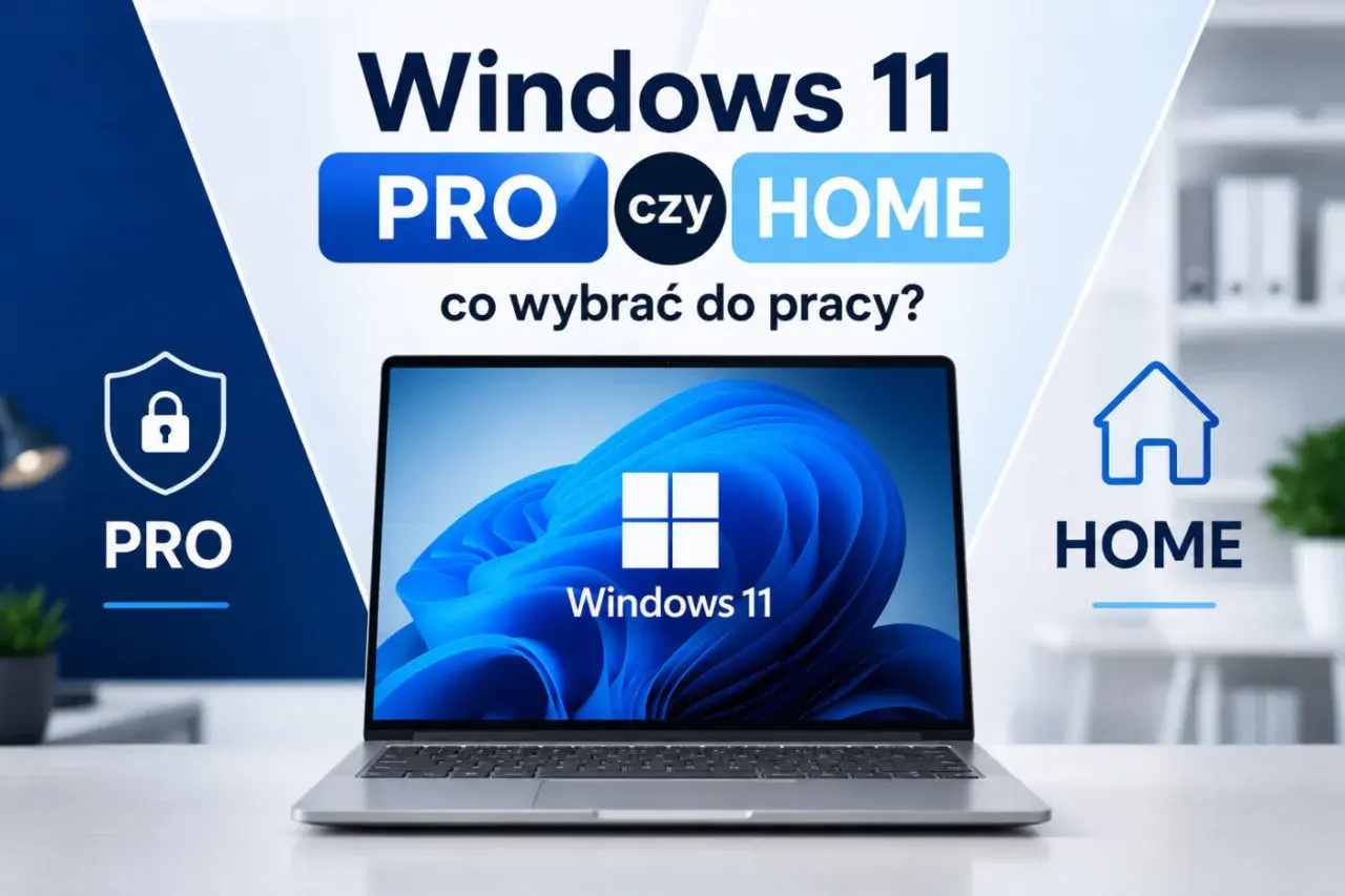 Windows 11 Home vs Pro: co wybrać do pracy? Laptop z systemem Windows 11 na tle grafiki porównującej wersje Pro i Home.