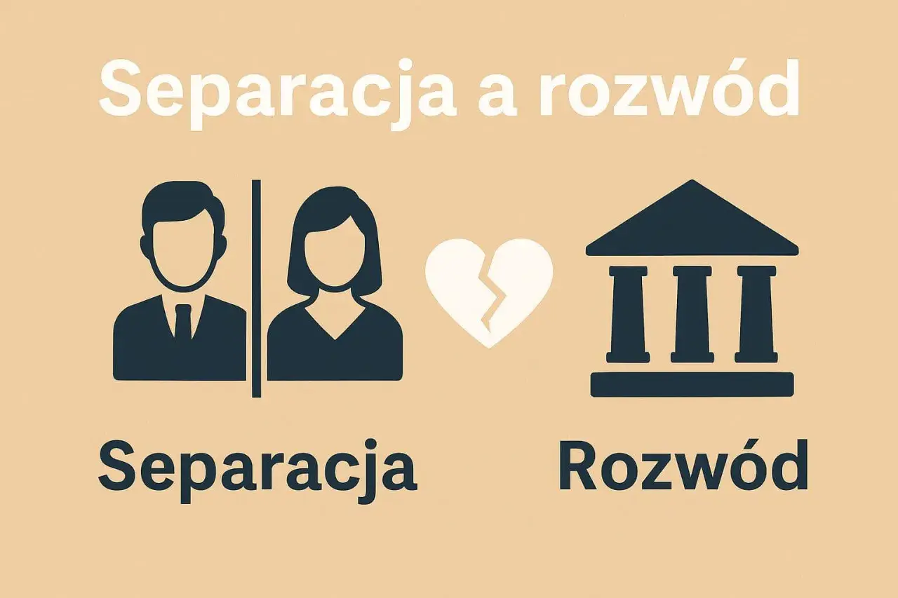 Ilustracja przedstawia rozdzielenie pary i symbol sądu, sugerując pomoc adwokata rodzinnego w sprawach separacji i rozwodu.