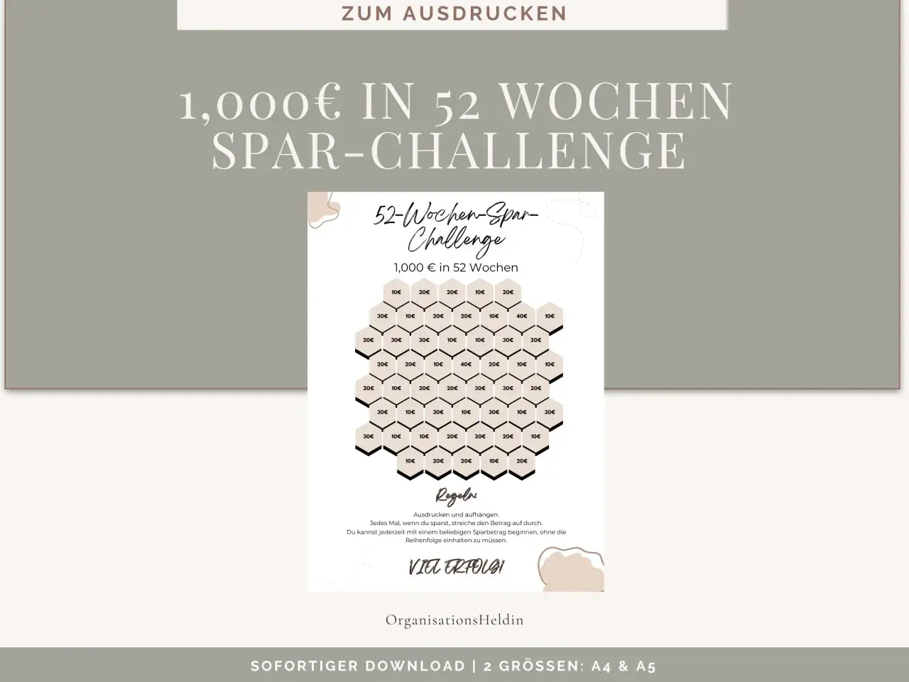Vorlage Sparplan zum Ausdrucken: 52-Wochen-Spar-Challenge für 1.000€. Hexagon-Raster mit Beträgen von 10€ bis 40€.