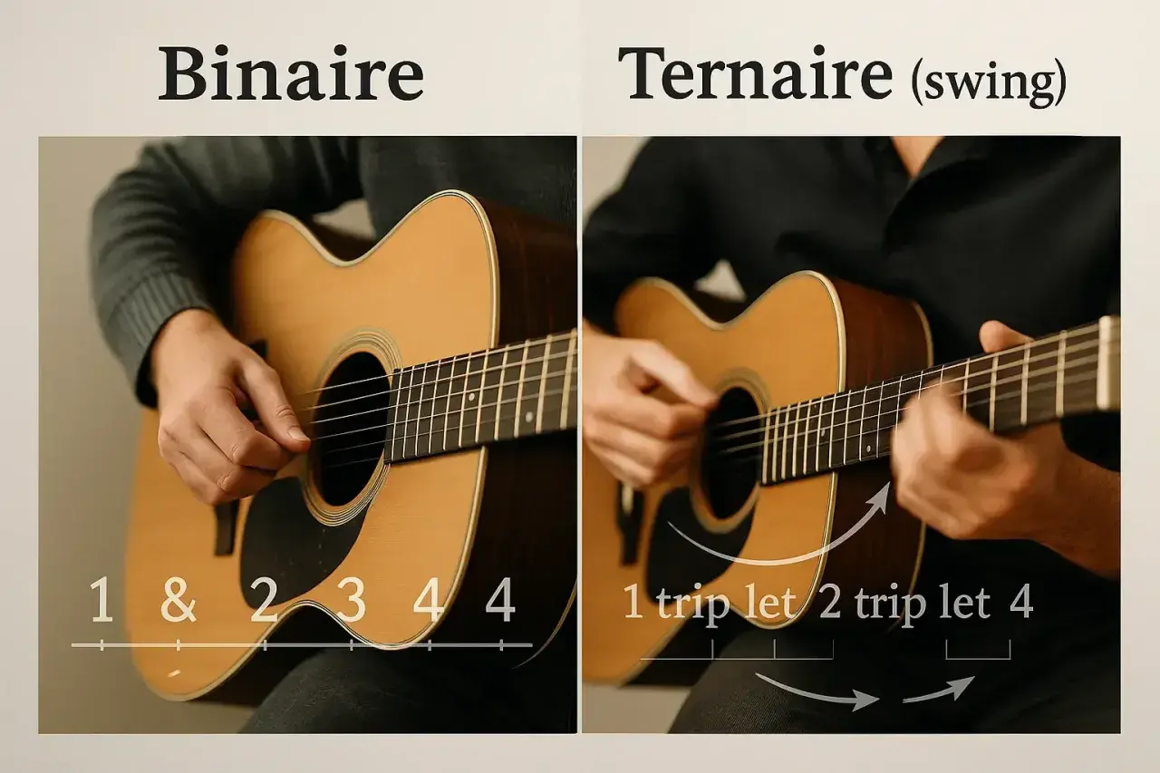 Deux mains jouent de la guitare, l'une montrant un rythme binaire, l'autre un rythme ternaire avec le swing.