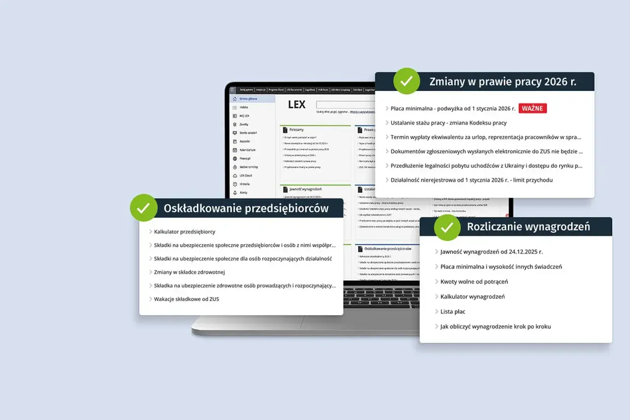 Ekran komputera z widokiem na zmiany w prawie pracy, składki i rozliczanie wynagrodzeń.