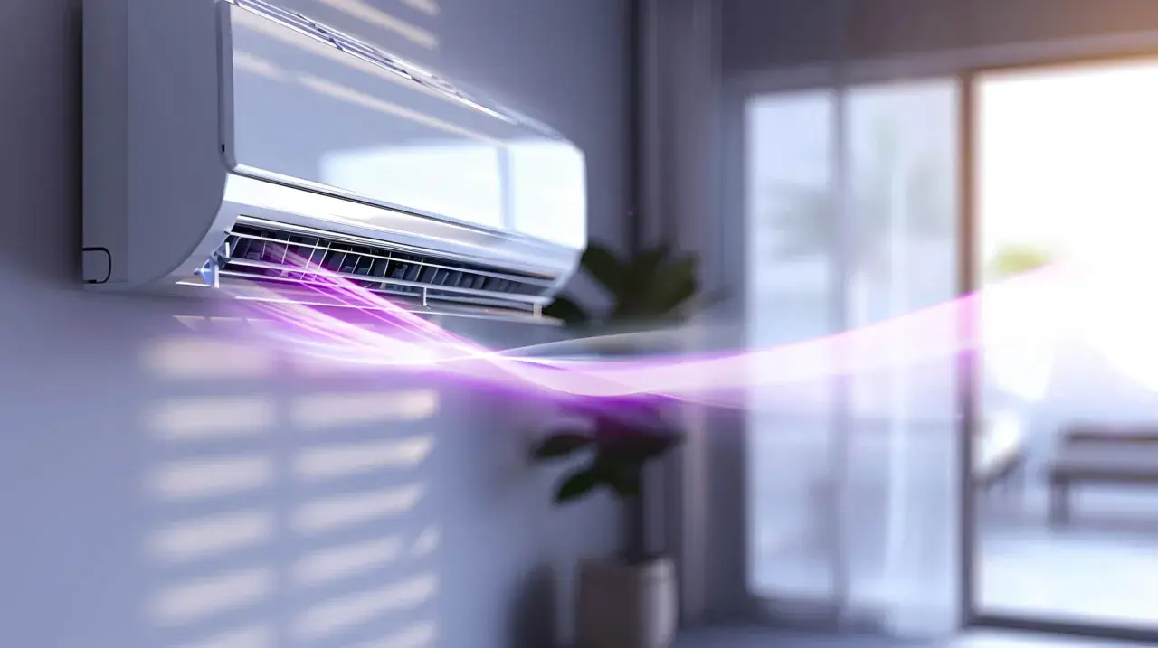 Moderne Klimaanlage zum Heizen mit lila Luftstrom, der sich im Raum ausbreitet.