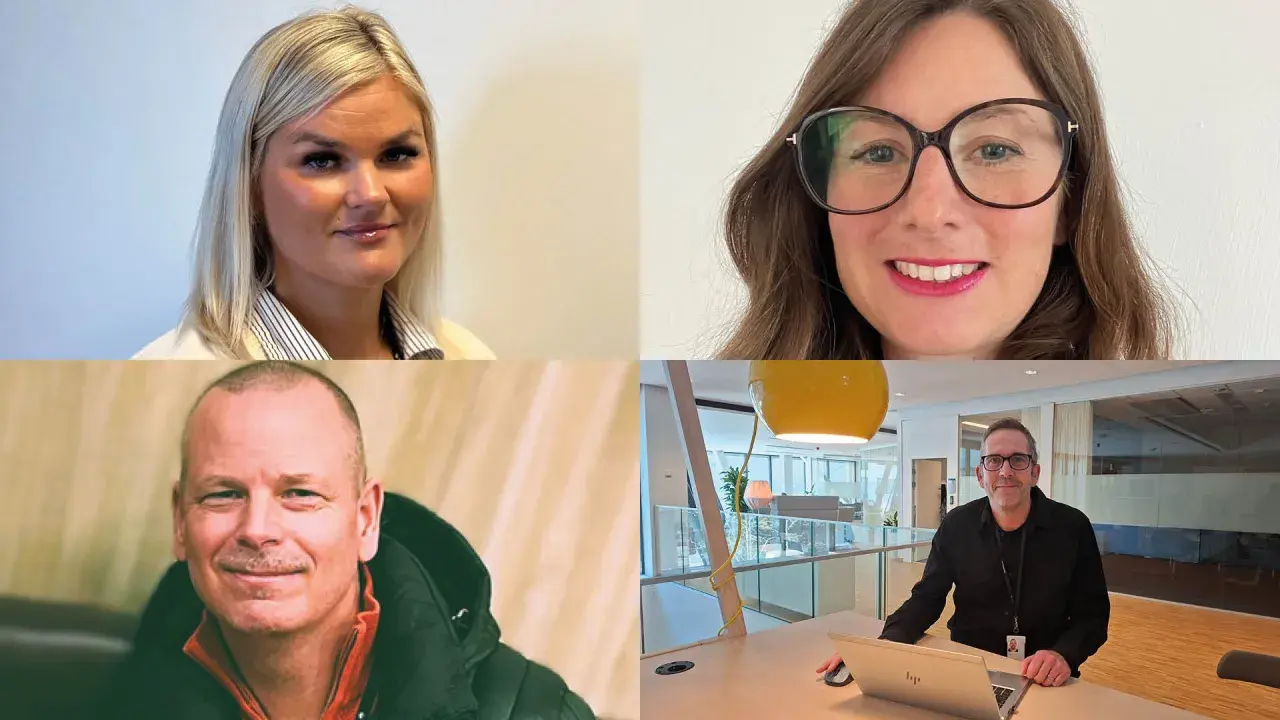 Fyra personer, två kvinnor och två män, porträtterade i en collage. De arbetar på en hållbar arbetsplats.