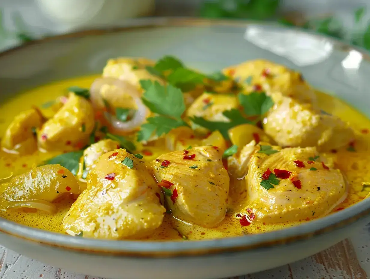 En närbild av en krämig kyckling curry med bitar av kyckling, lökringar och färsk koriander. Kryddig och aptitretande.