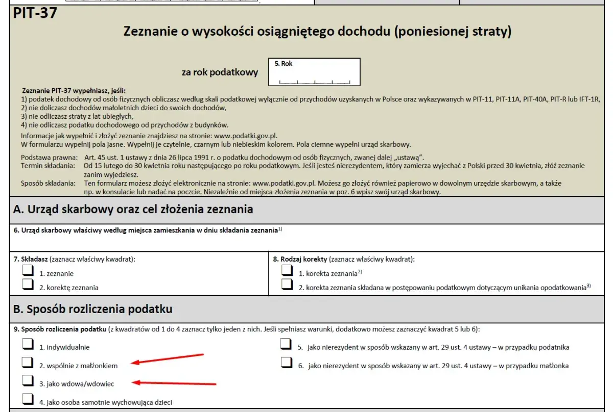 Fragment formularza PIT-37 z zaznaczonymi opcjami "wspólnie z małżonkiem" i "jako wdowa/wdowiec".