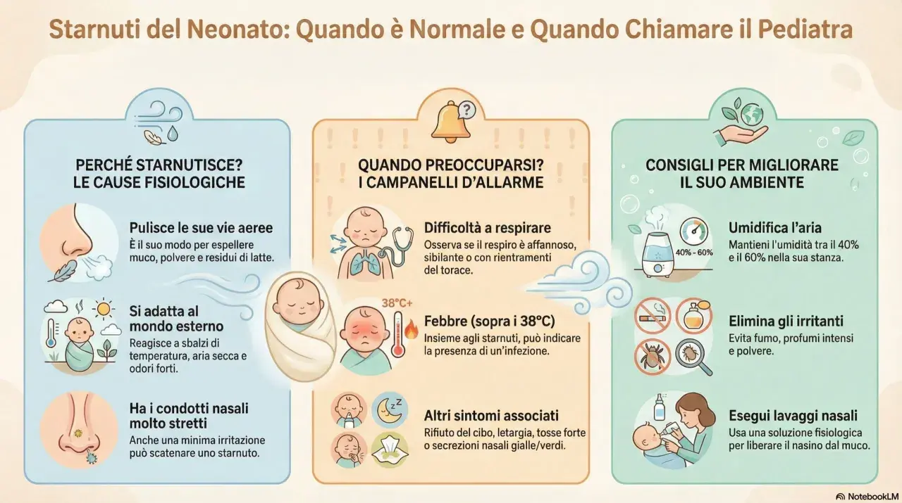 Il neonato starnutisce per pulire le vie aeree, adattarsi all'ambiente o per condotti nasali stretti. Attenzione a febbre e difficoltà respiratorie.