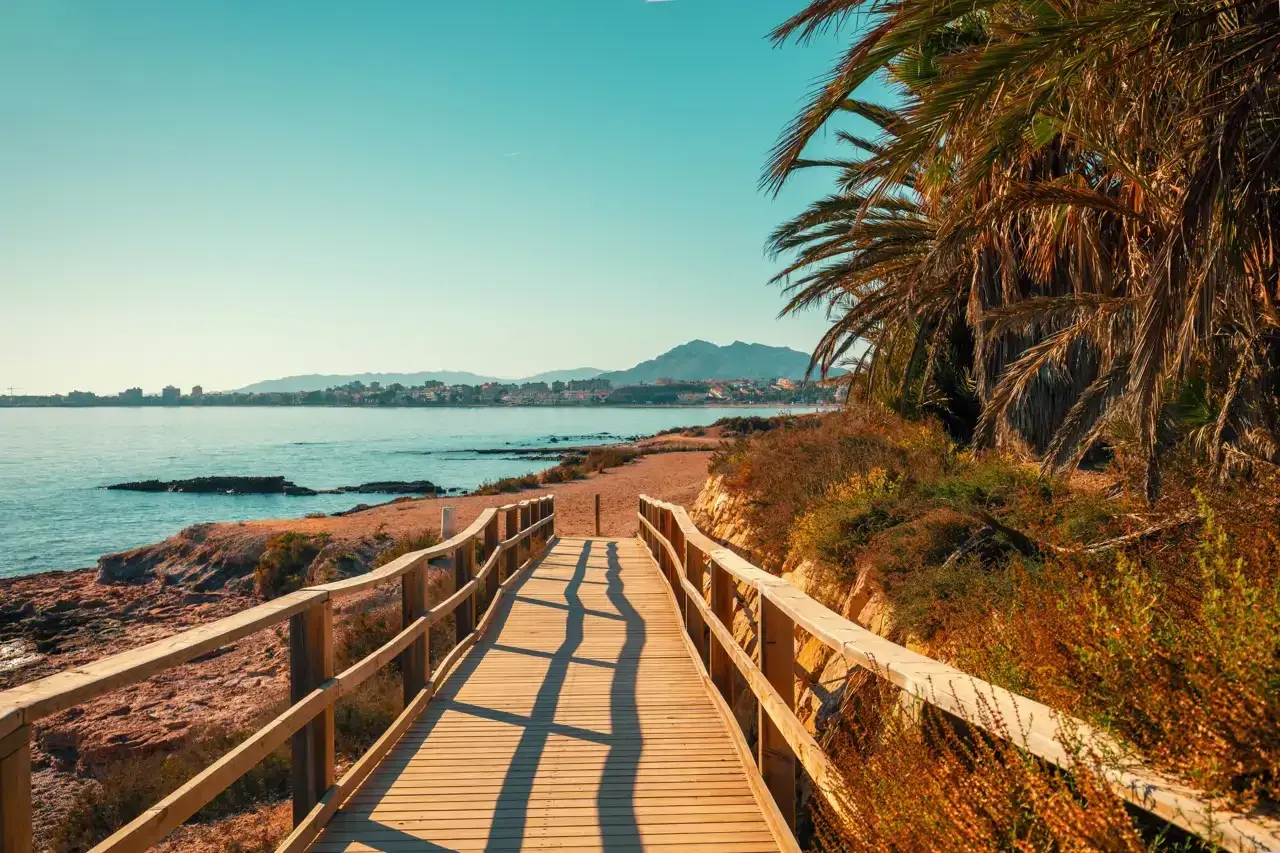 Pasarela de madera hacia paradisíacas playas de Murcia, con palmeras y el mar azul.